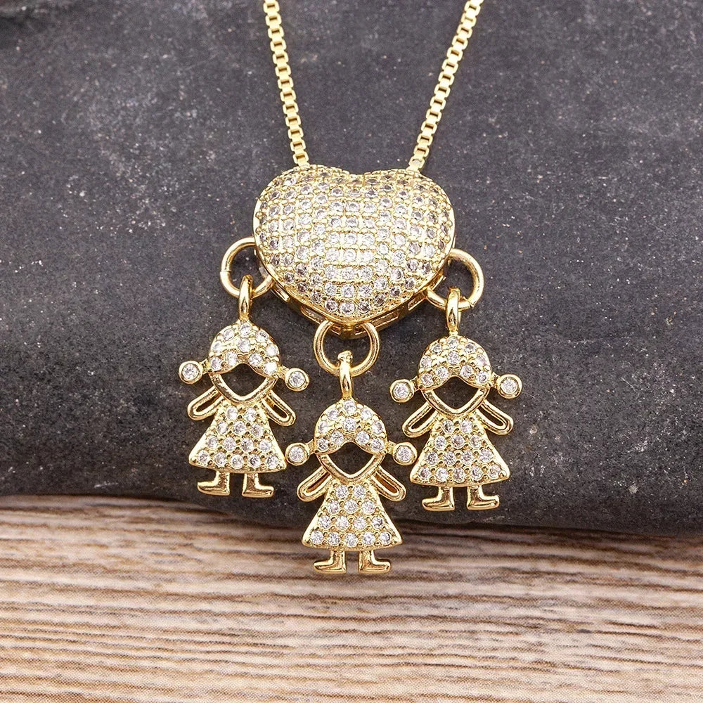 18k Gold Plated Heart Pendant Necklace for Family with Zirconia Copper Chain - Image 3