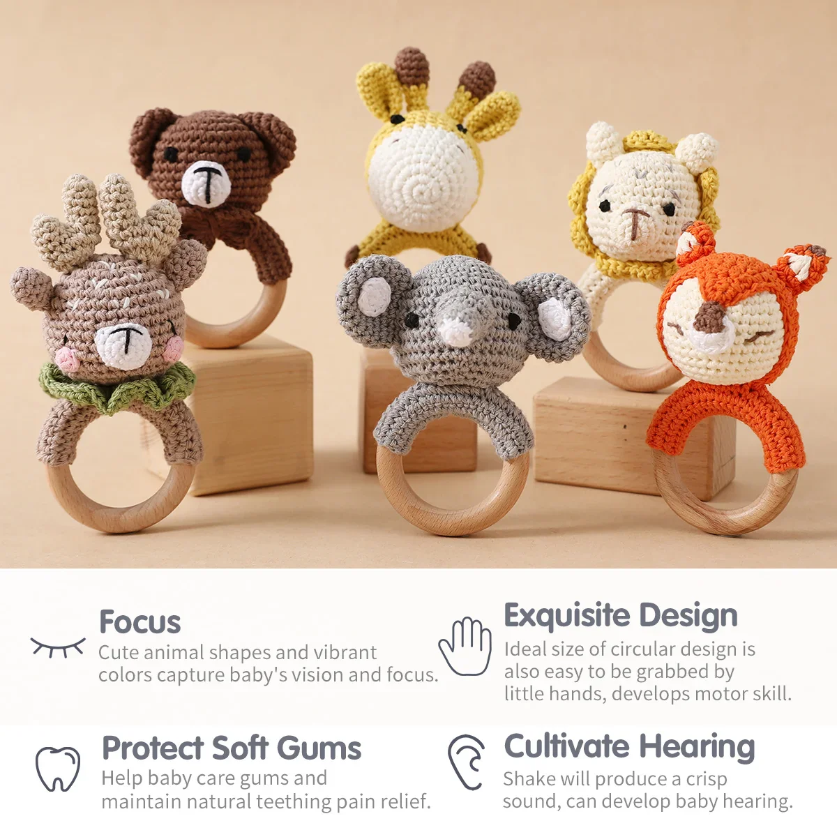 Wooden Crochet Animal Teether Rattle Newborn Sensory Toys - Image 13
