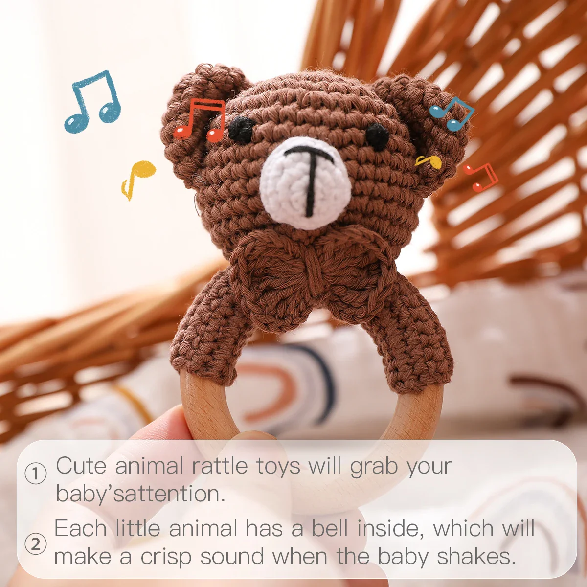Wooden Crochet Animal Teether Rattle Newborn Sensory Toys - Image 14