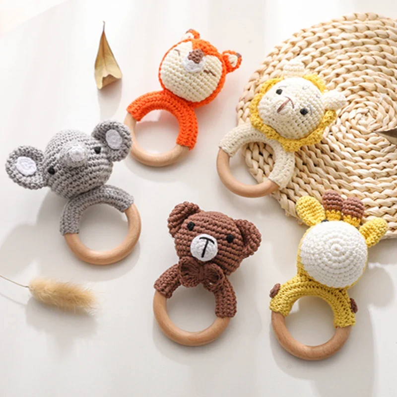 Wooden Crochet Animal Teether Rattle Newborn Sensory Toys - Image 2