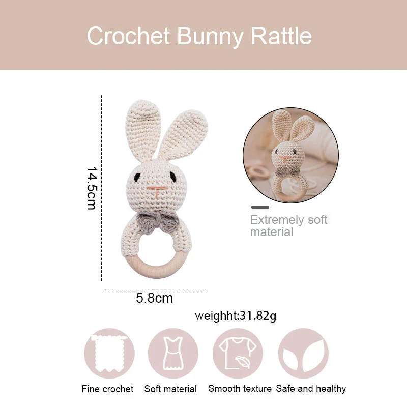 Wooden Crochet Animal Teether Rattle Newborn Sensory Toys - Image 4