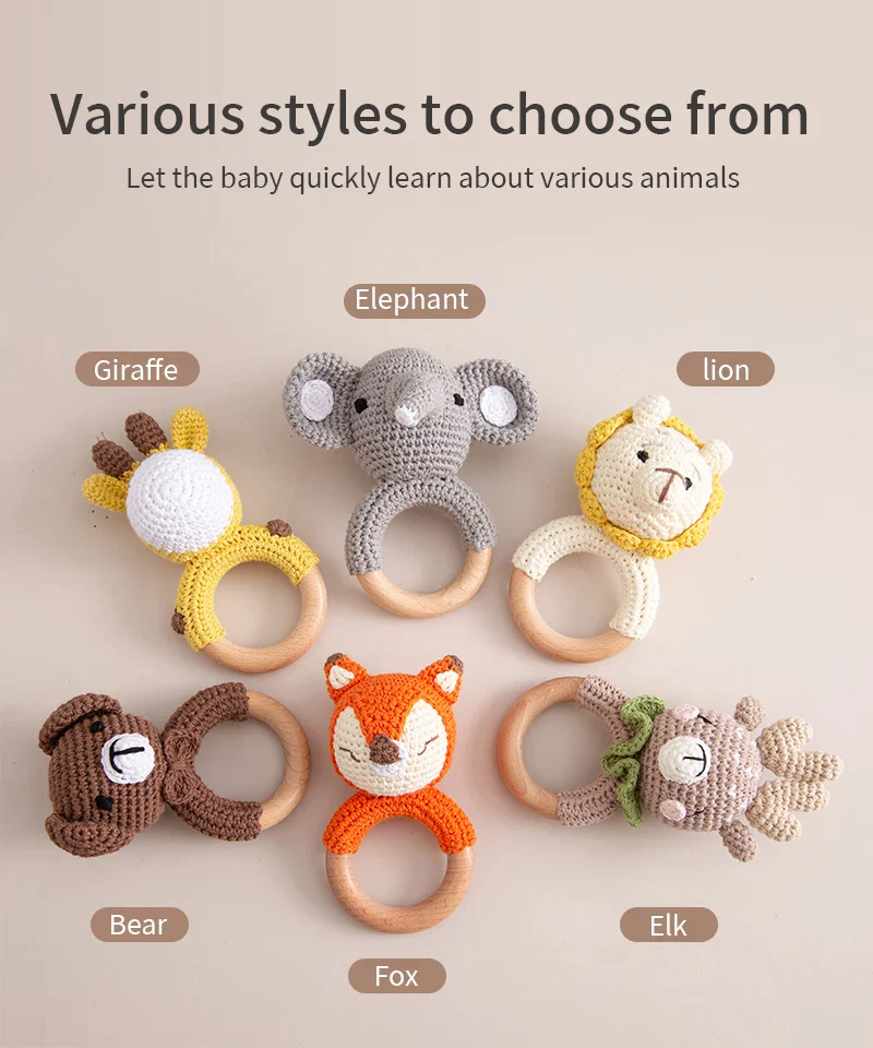 Wooden Crochet Animal Teether Rattle Newborn Sensory Toys - Image 9