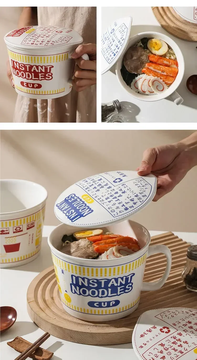 Instant Noodle Bowl With Lid Ceramic Mug Dorm And Kitchen - Image 16