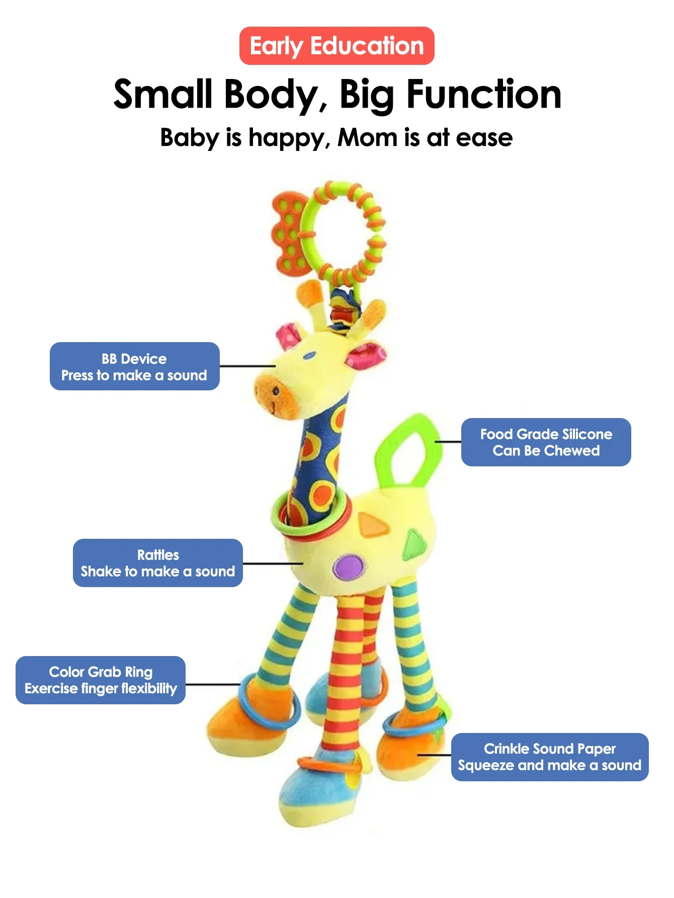 Soft Giraffe Baby Rattle Hanging Plush Newborn Sensory Toys - Image 3