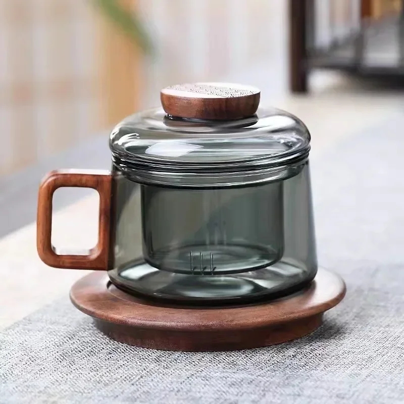 200ml Tea Infuser Cup Heat Resistant Glass Mug Wood Handle - Image 2