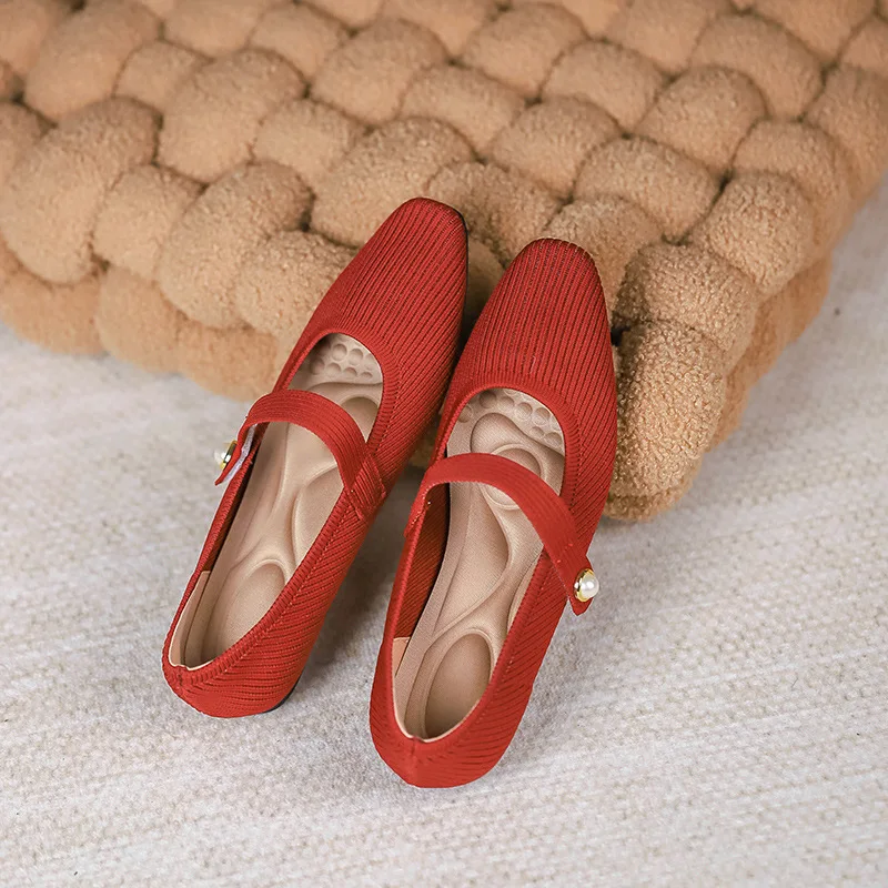Stretchy Women Mary Jane Flats - Ribbed Knit For Spring - Image 4