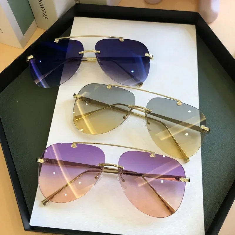 2025 Vintage Rimless Aviator Sunglasses For Men Women Gradient Shades Black Brown