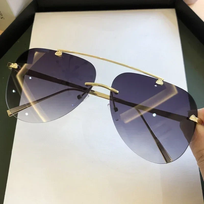 2025 Vintage Rimless Aviator Sunglasses For Men Women Gradient Shades Black Brown - Image 2