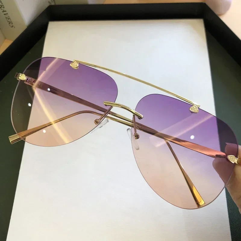2025 Vintage Rimless Aviator Sunglasses For Men Women Gradient Shades Black Brown - Image 3