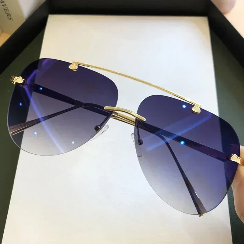2025 Vintage Rimless Aviator Sunglasses For Men Women Gradient Shades Black Brown - Image 4
