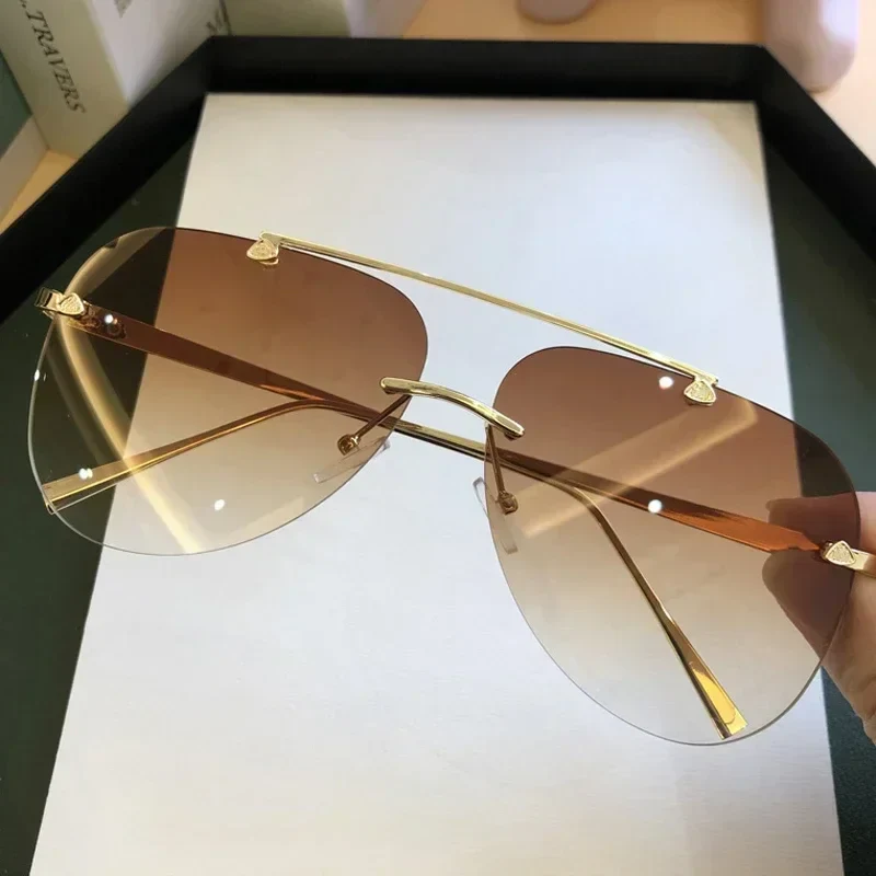 2025 Vintage Rimless Aviator Sunglasses For Men Women Gradient Shades Black Brown - Image 5