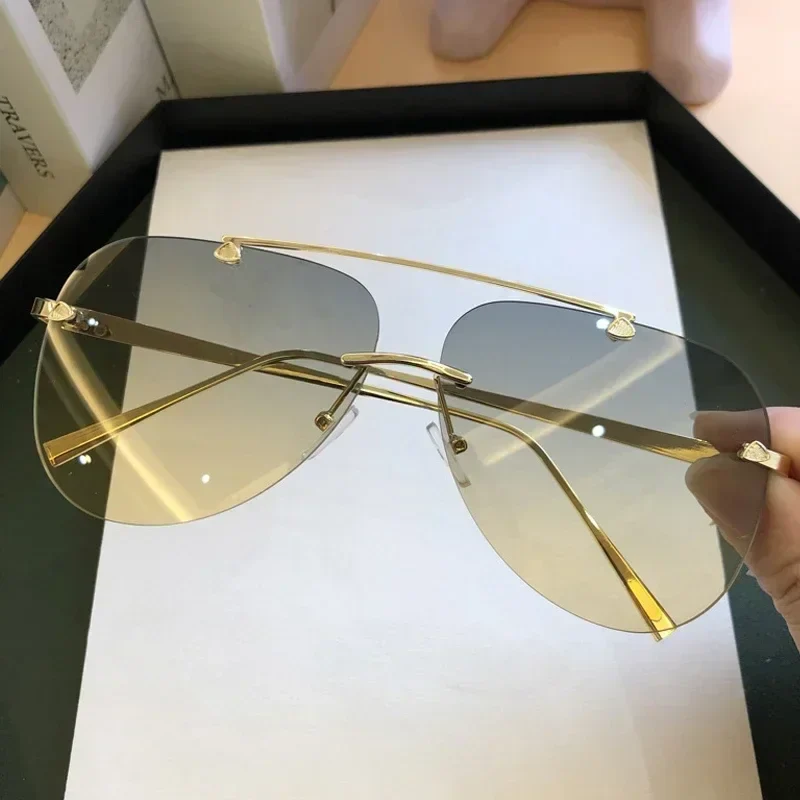 2025 Vintage Rimless Aviator Sunglasses For Men Women Gradient Shades Black Brown - Image 6