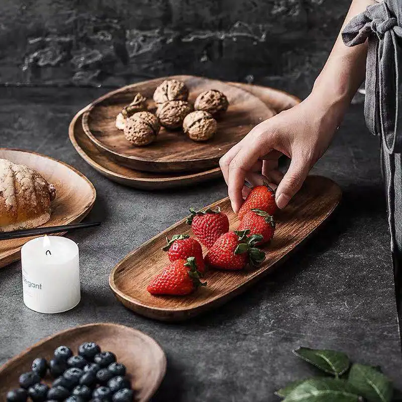 5Pcs Wooden Storage Tray - Acacia Wood Irregular Oval Tableware, Solid Food Container - Image 4