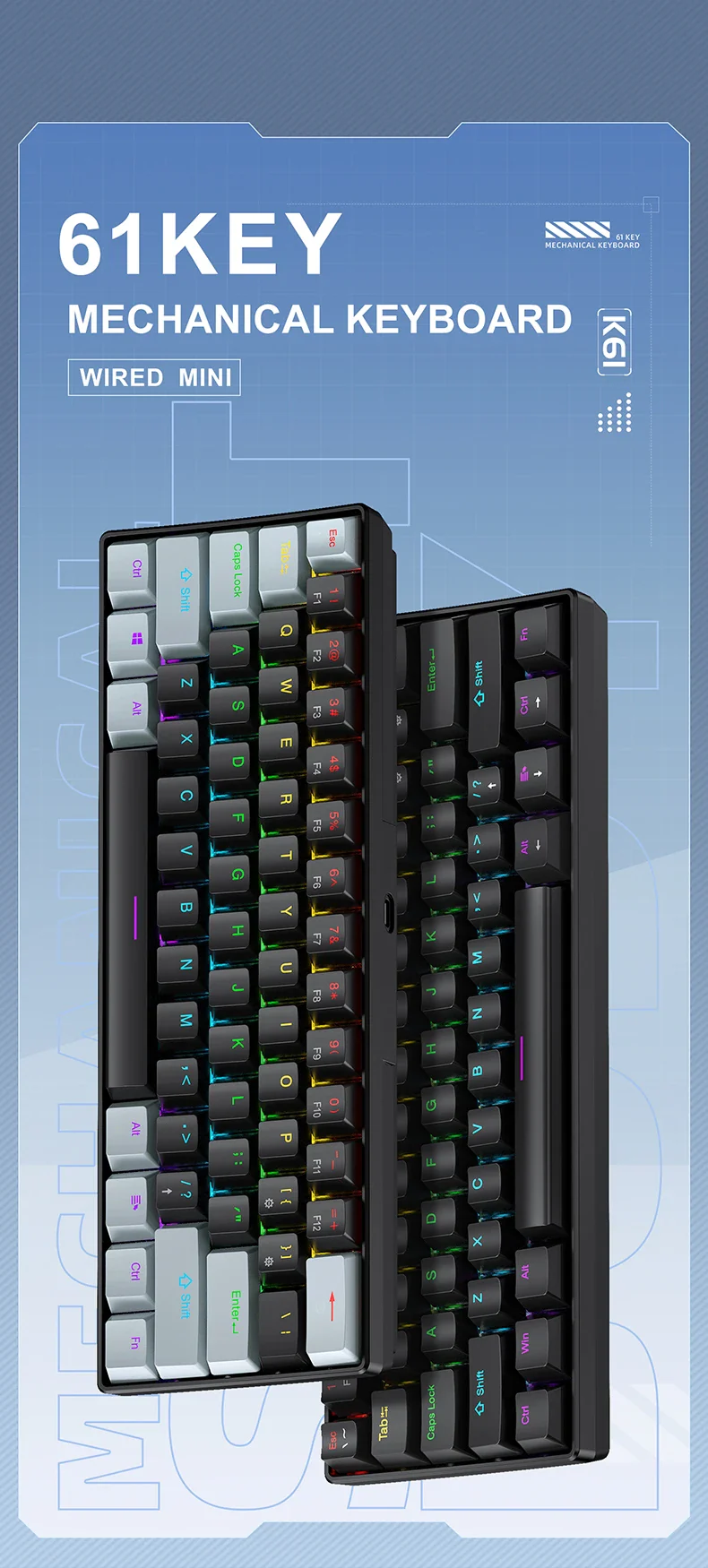 60 Percent Mechanical Mini Keyboard Wired RGB Portable - Image 6