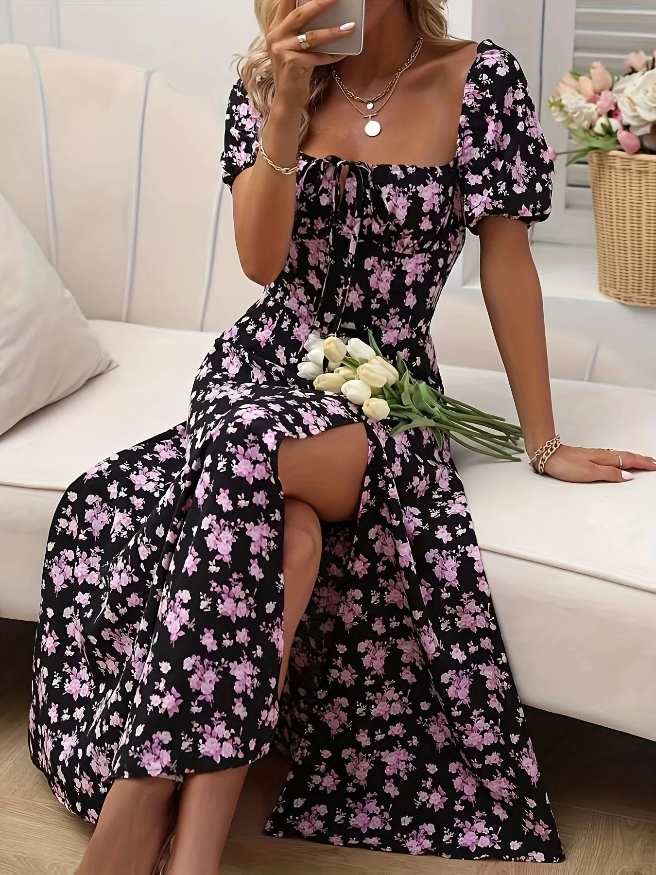 A-Line Floral Summer Dress with Puffed Sleeves for Women - Lightweight Formal Wedding Guest Dresses - Image 3