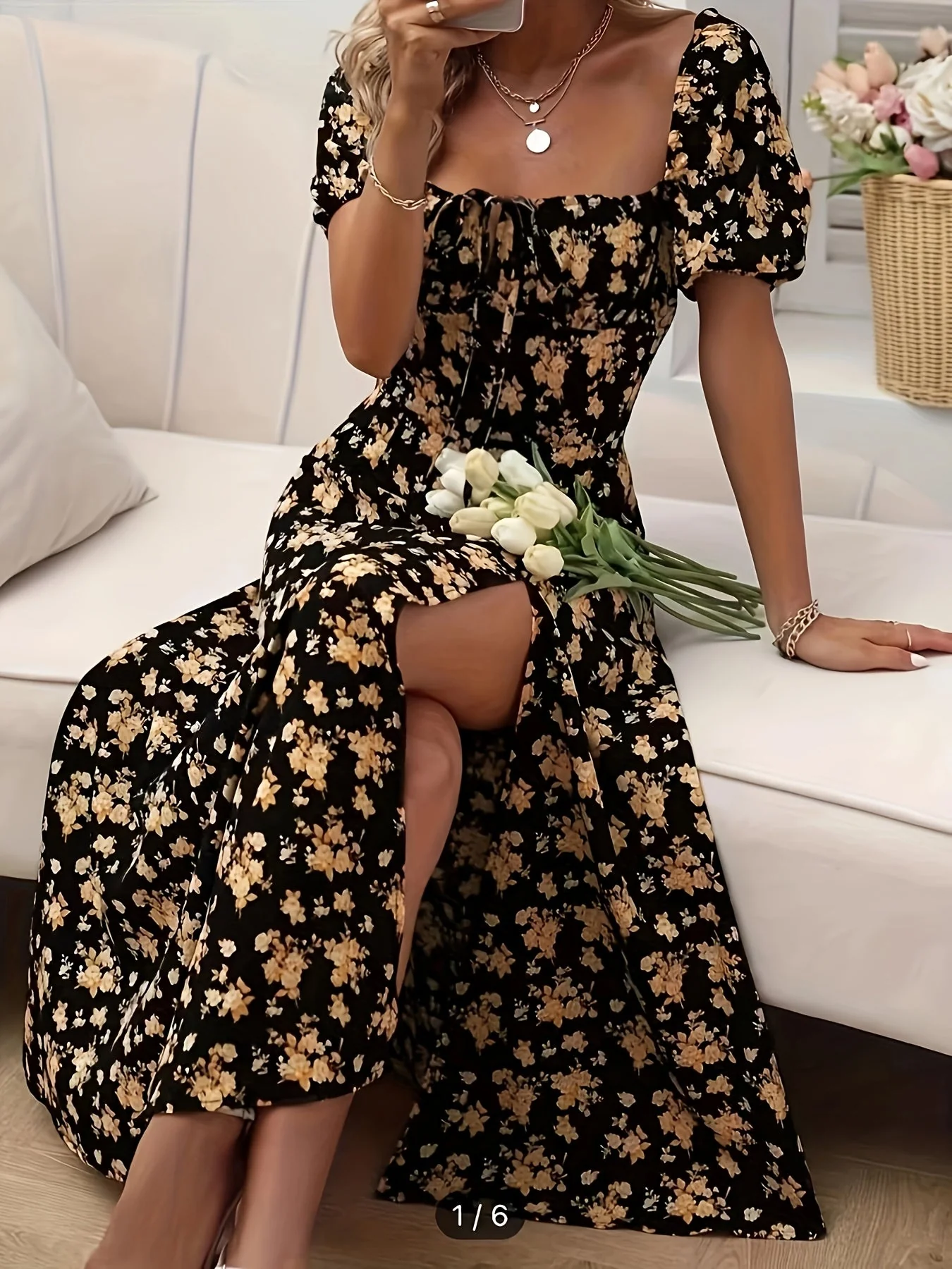 A-Line Floral Summer Dress with Puffed Sleeves for Women - Lightweight Formal Wedding Guest Dresses - Image 4