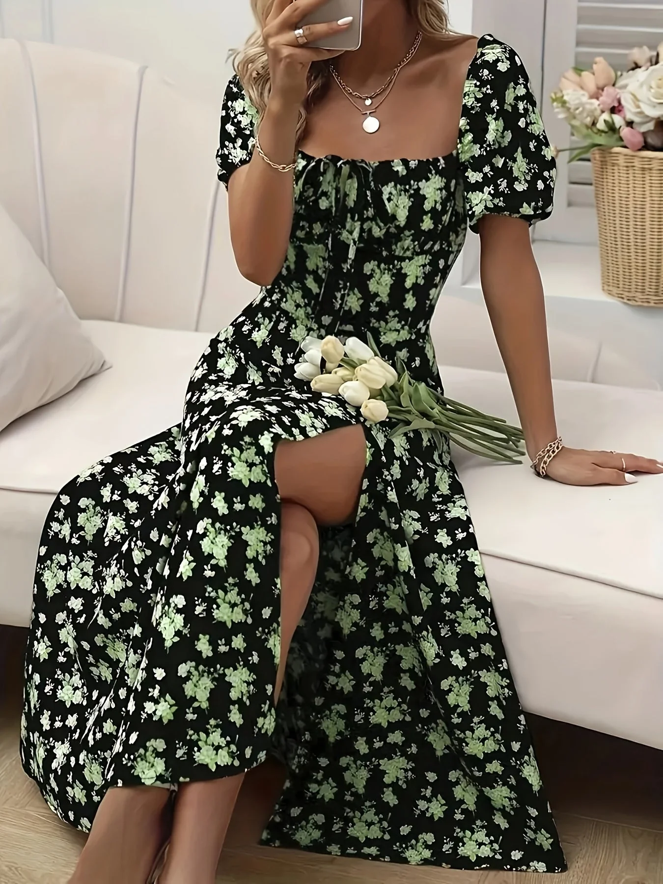A-Line Floral Summer Dress with Puffed Sleeves for Women - Lightweight Formal Wedding Guest Dresses - Image 5