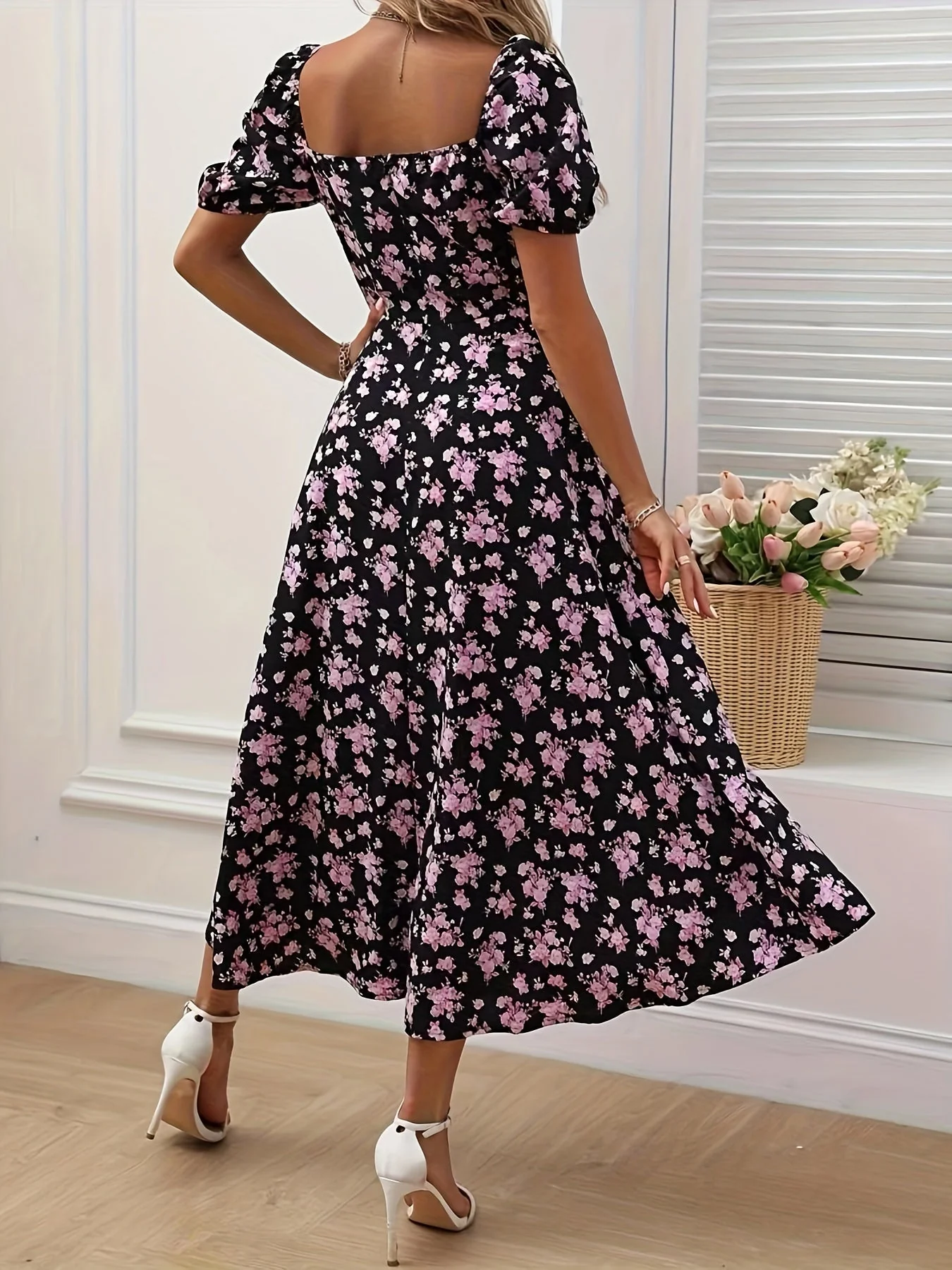 A-Line Floral Summer Dress with Puffed Sleeves for Women - Lightweight Formal Wedding Guest Dresses - Image 6