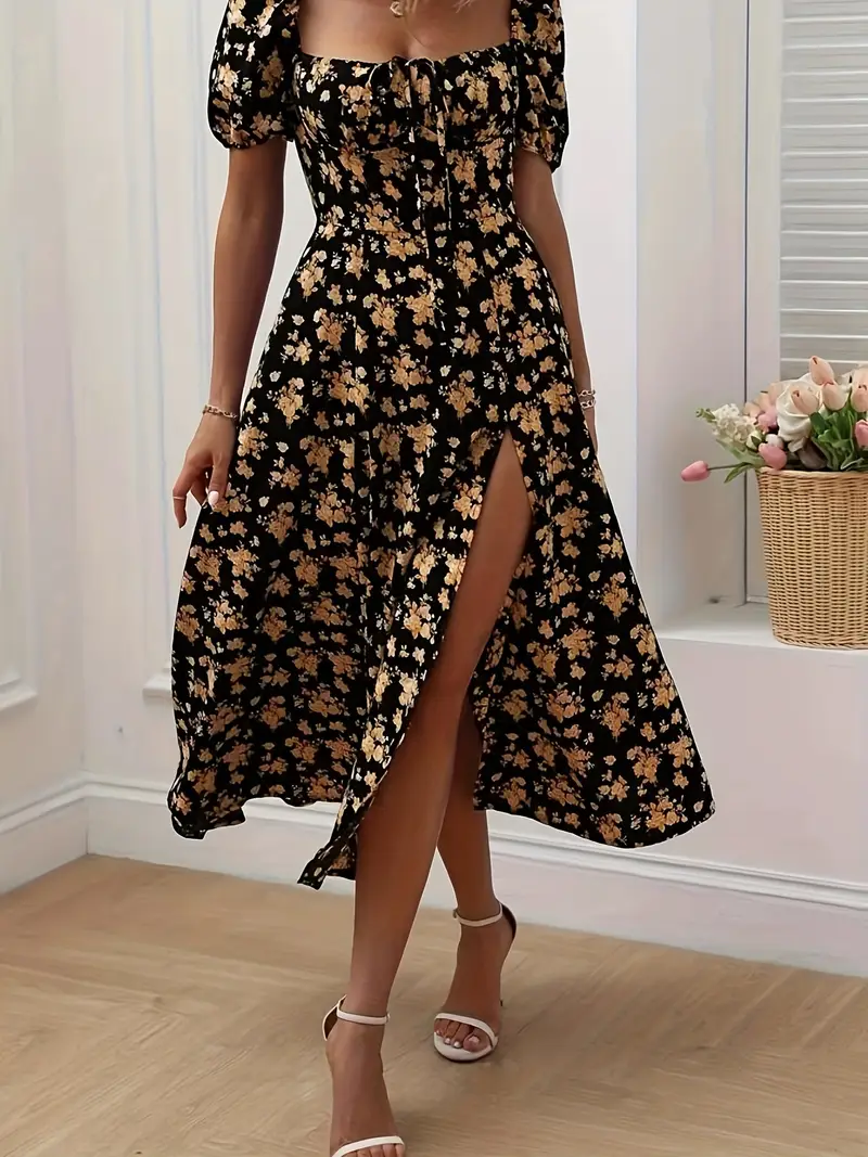 A-Line Floral Summer Dress with Puffed Sleeves for Women - Lightweight Formal Wedding Guest Dresses - Image 7