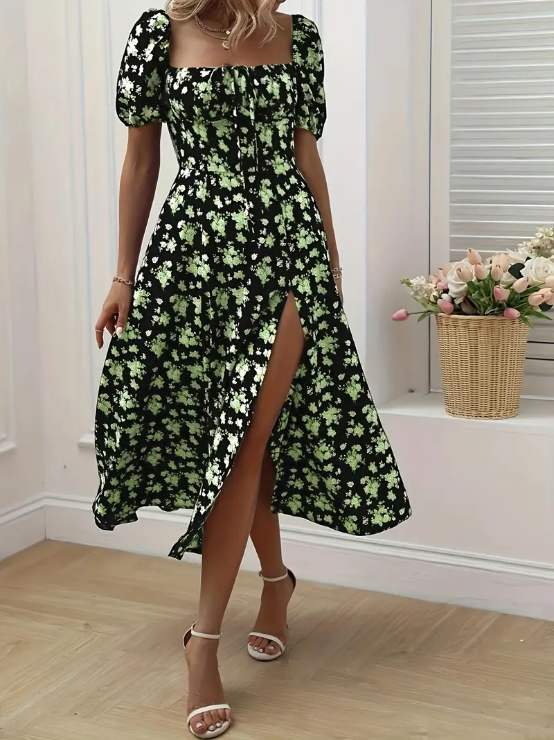A-Line Floral Summer Dress with Puffed Sleeves for Women - Lightweight Formal Wedding Guest Dresses - Image 8