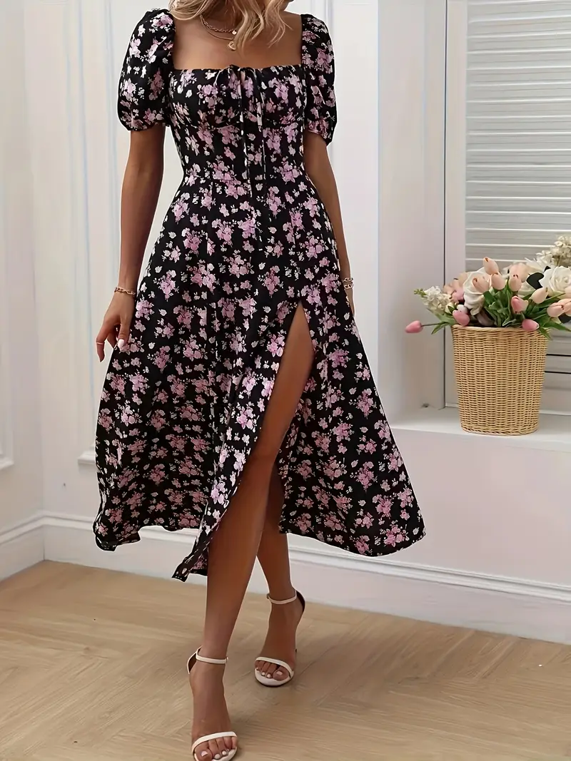 A-Line Floral Summer Dress with Puffed Sleeves for Women - Lightweight Formal Wedding Guest Dresses - Image 9