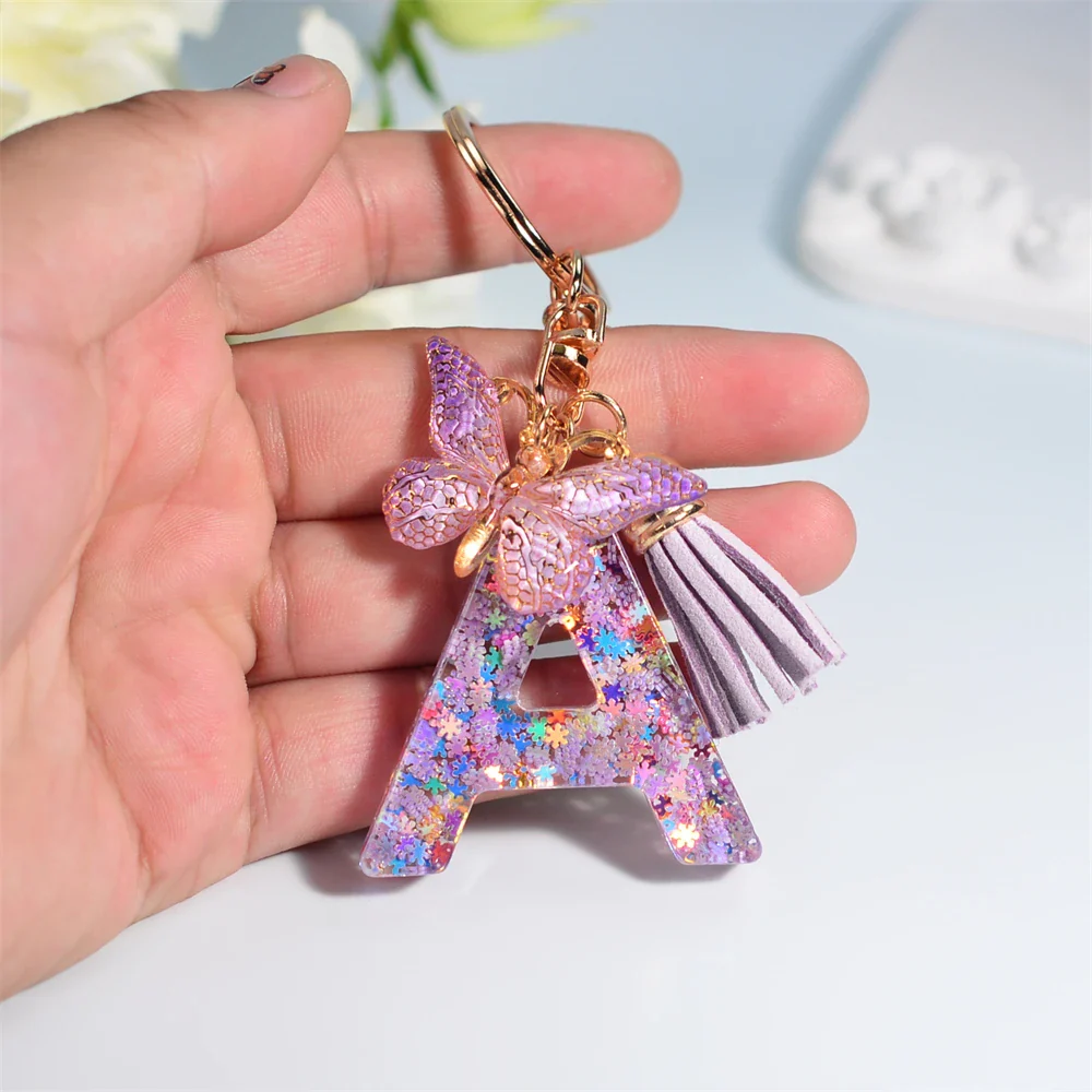 Sequin Letter Keychain With Butterfly Tassel Charm - Image 2