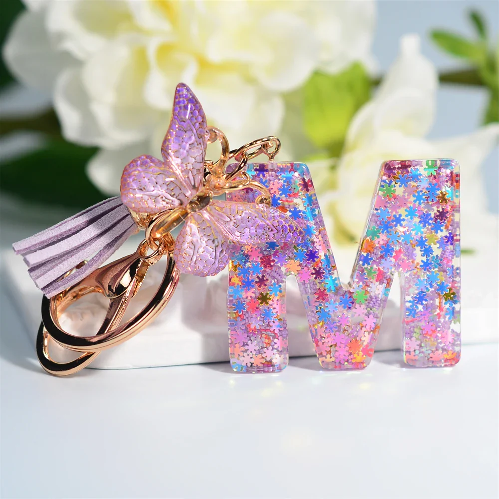Sequin Letter Keychain With Butterfly Tassel Charm - Image 3
