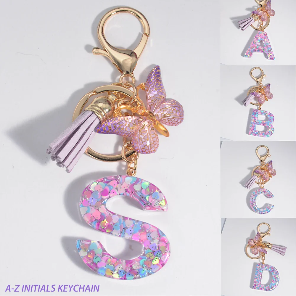 Sequin Letter Keychain With Butterfly Tassel Charm - Image 4