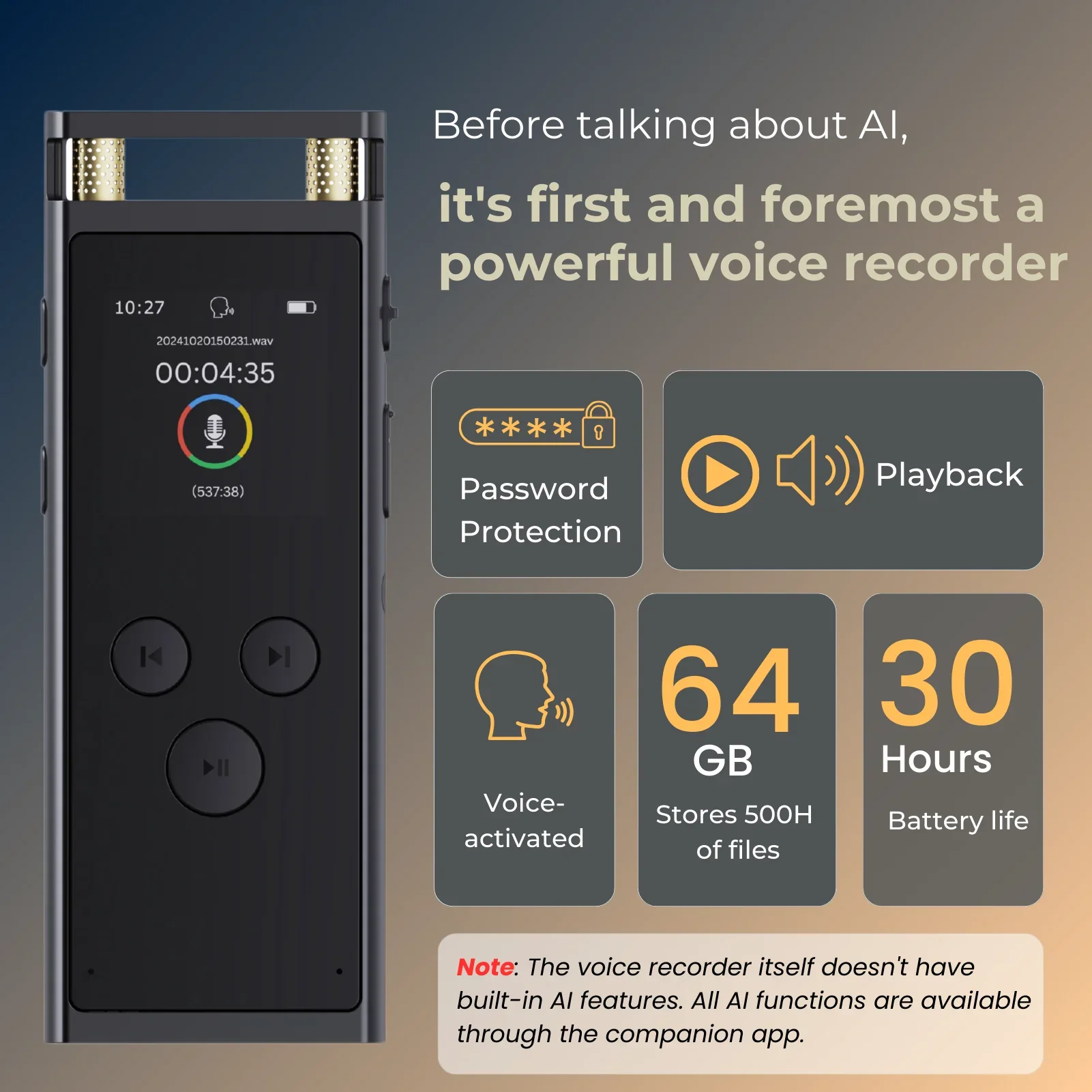 AI Voice Recorder 64GB Aluminum Dictaphone Transcribe - Image 2