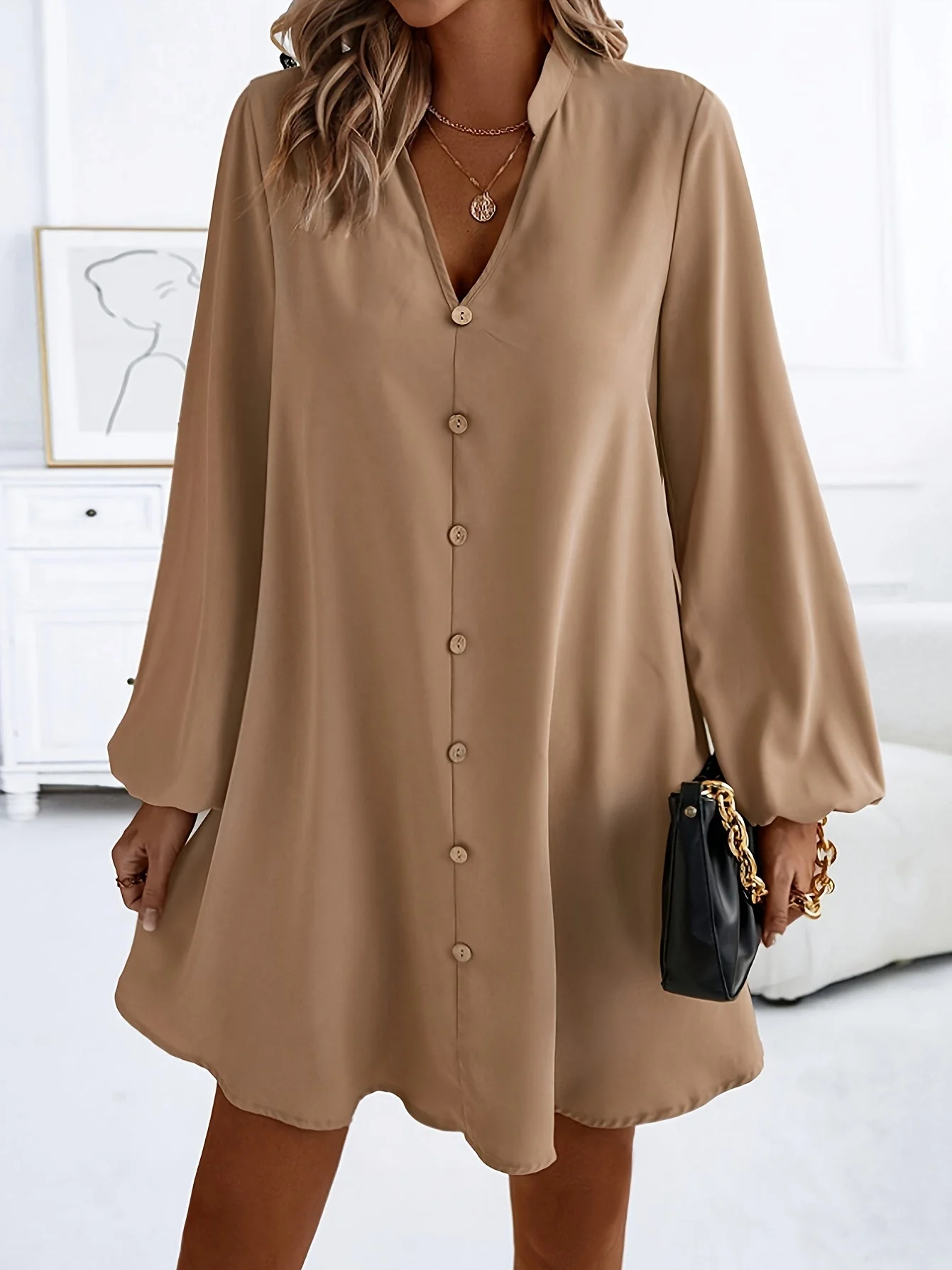 Airy Casual V-Neck Long Sleeve Dress for Women, Loose Fit Summer Midi Dress in Multiple Colors - Image 10