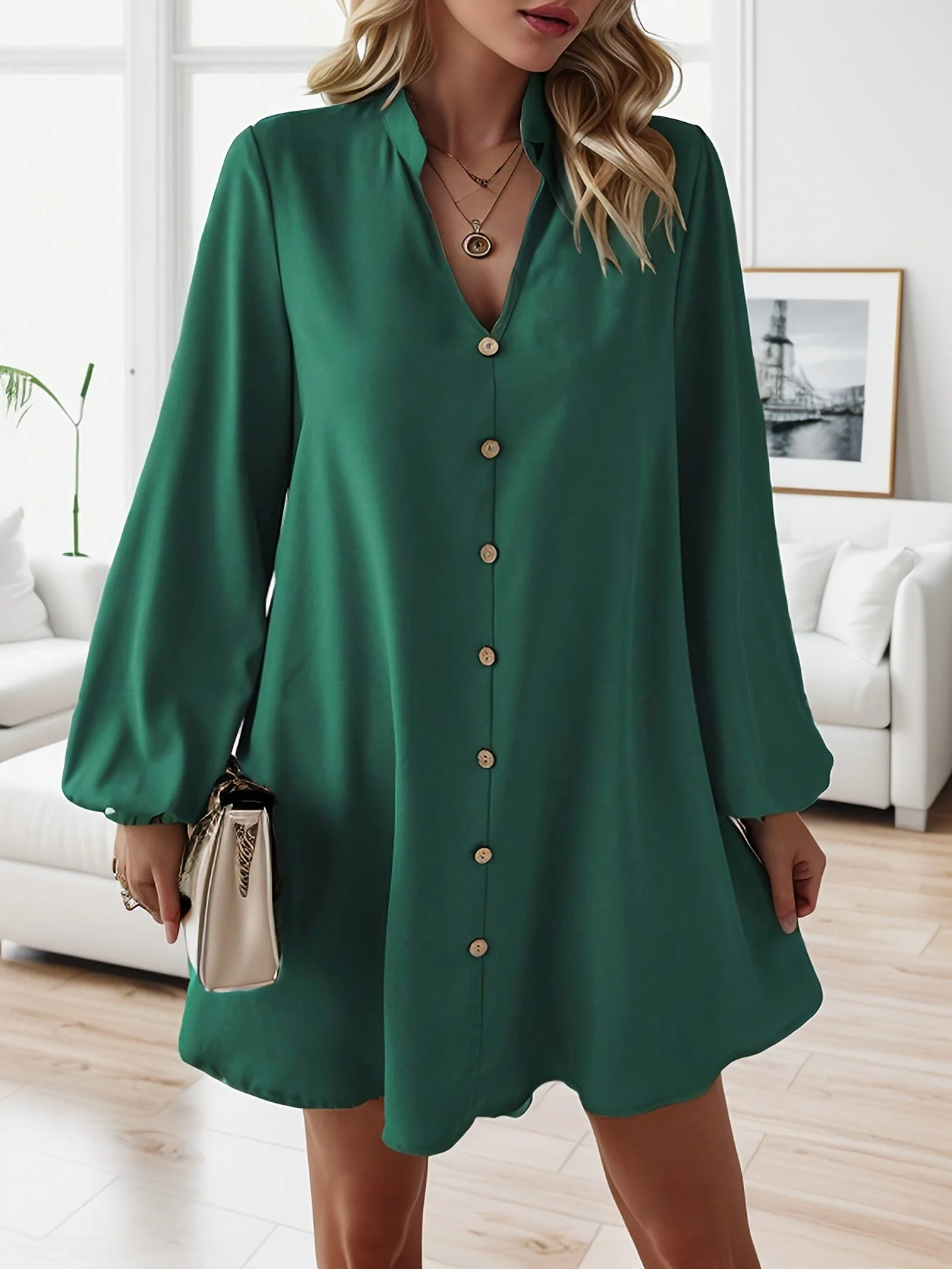 Airy Casual V-Neck Long Sleeve Dress for Women, Loose Fit Summer Midi Dress in Multiple Colors - Image 3