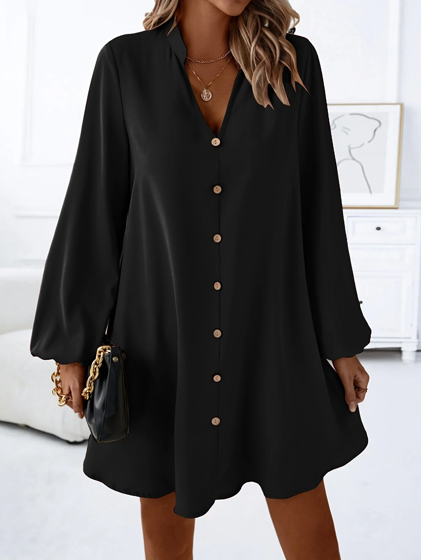 Airy Casual V-Neck Long Sleeve Dress for Women, Loose Fit Summer Midi Dress in Multiple Colors - Image 4