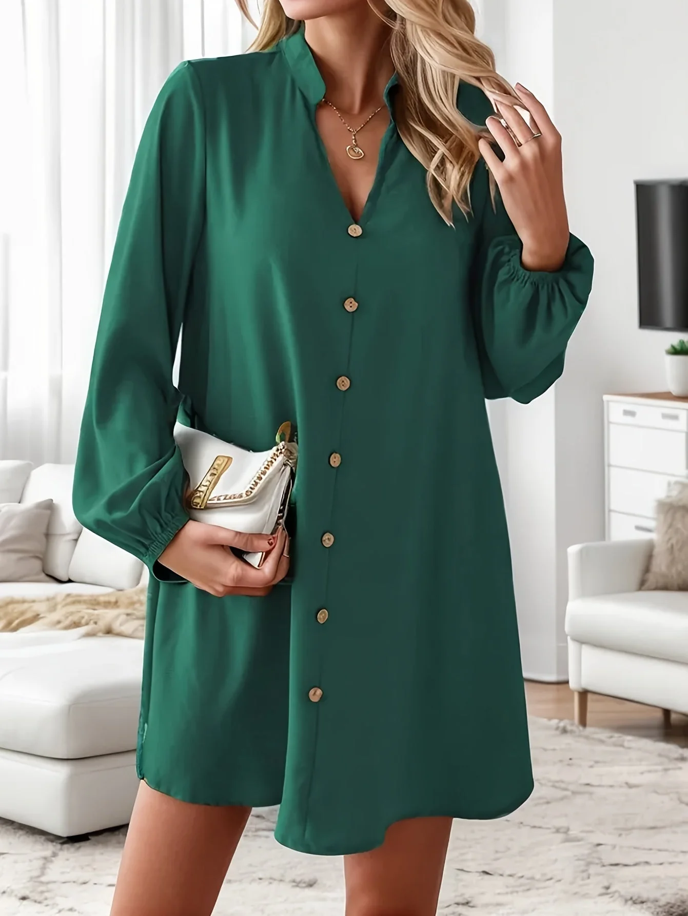 Airy Casual V-Neck Long Sleeve Dress for Women, Loose Fit Summer Midi Dress in Multiple Colors - Image 7