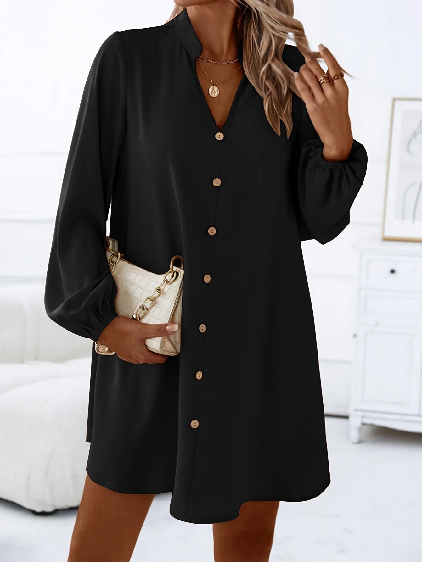 Airy Casual V-Neck Long Sleeve Dress for Women, Loose Fit Summer Midi Dress in Multiple Colors - Image 8