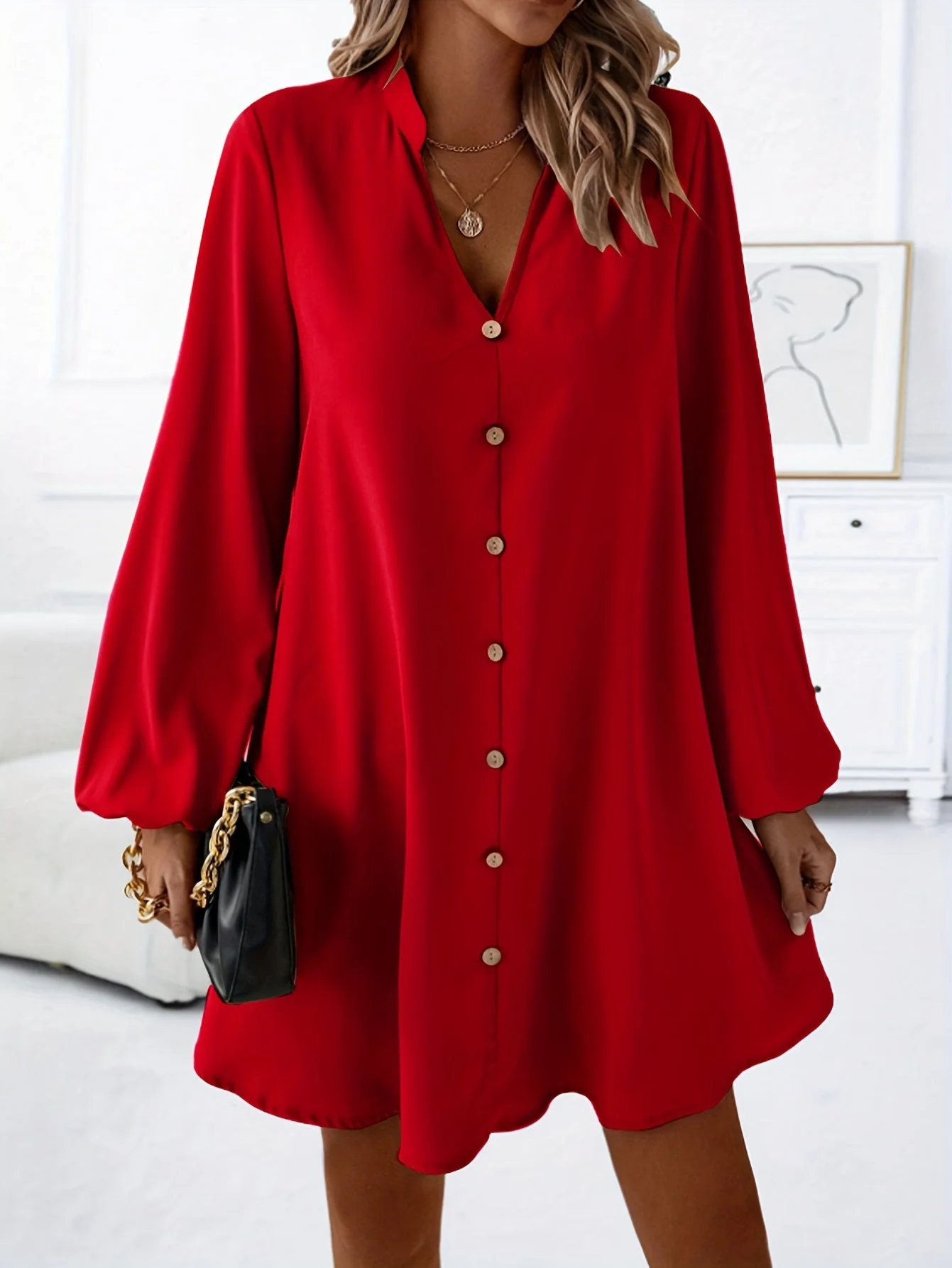 Airy Casual V-Neck Long Sleeve Dress for Women, Loose Fit Summer Midi Dress in Multiple Colors - Image 9