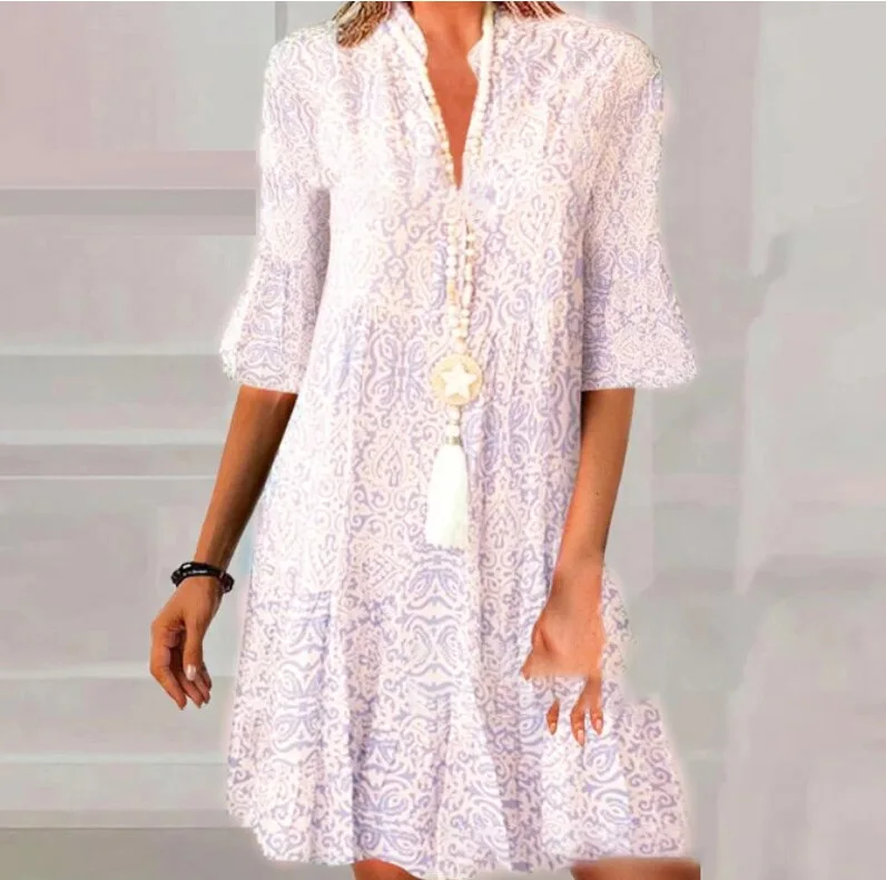 Autumn V Neck Flared Mini Dress for Ladies - Casual A-Line Pullover Boho Style - Image 3