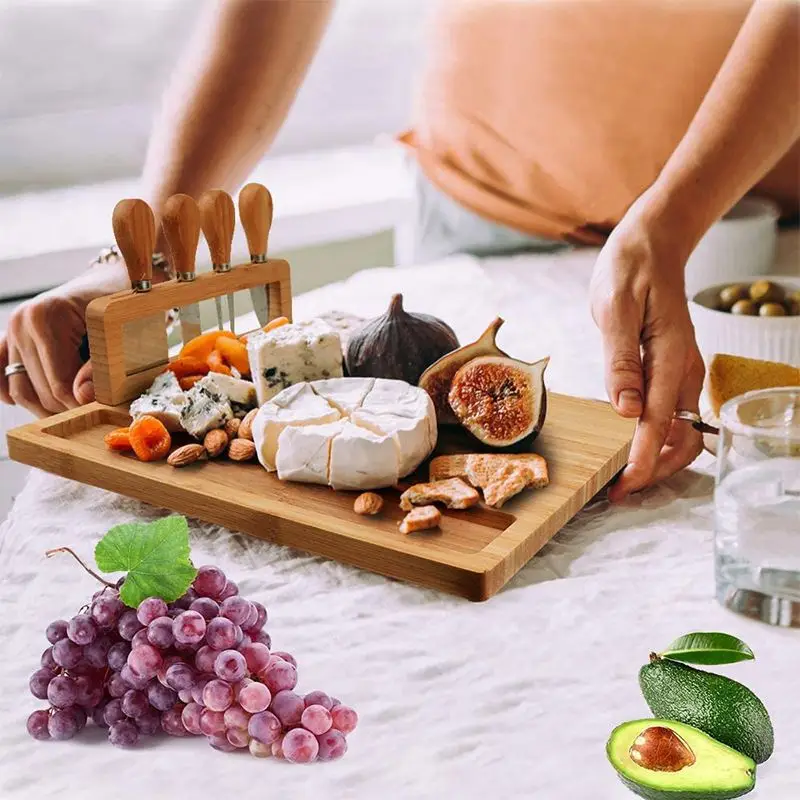 Bamboo Cheese Board Large With 4 Knives And Built In Rack Serving Chopping Board, Holiday 2025 Eco Gift - Image 5