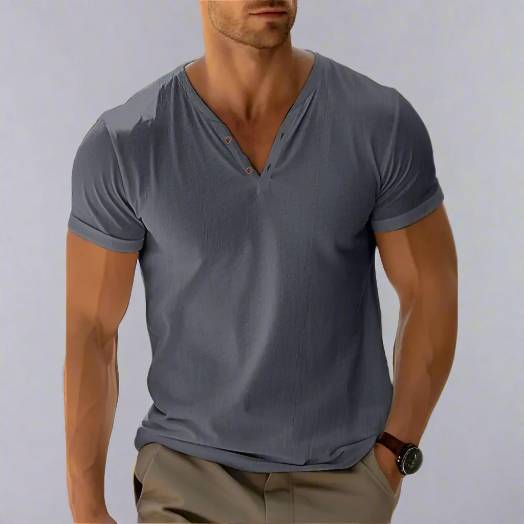 Beach Holiday Casual Men's V-Neck T-Shirt Top - Soft Solid Color Summer Fitness Wear - Image 4