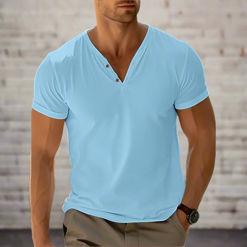 Beach Holiday Casual Men's V-Neck T-Shirt Top - Soft Solid Color Summer Fitness Wear - Image 5