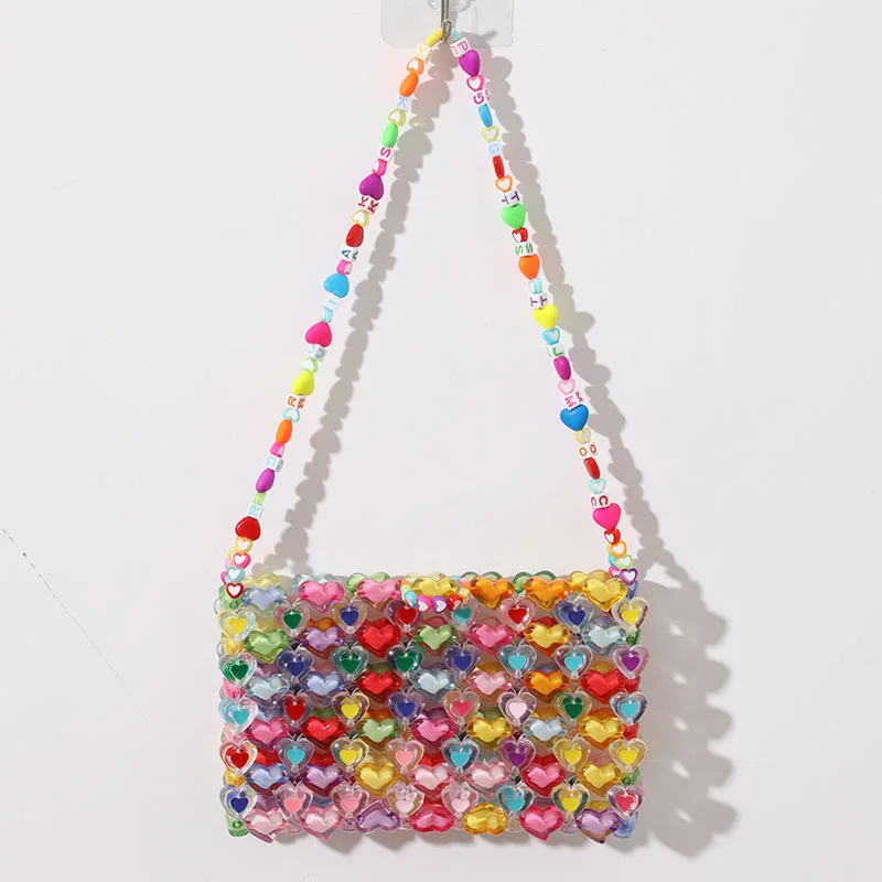 Beaded Bag Heart Bead Mini Shoulder Bag Handwoven Jelly Colorful Purse Summer 2025 Trendy Gift Accessory - Image 2