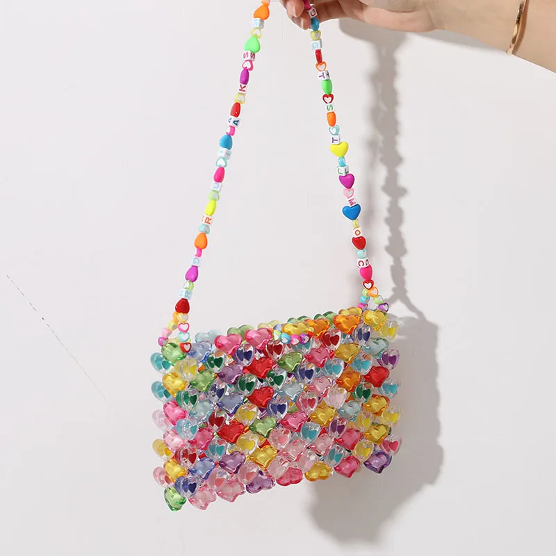 Beaded Bag Heart Bead Mini Shoulder Bag Handwoven Jelly Colorful Purse Summer 2025 Trendy Gift Accessory - Image 3