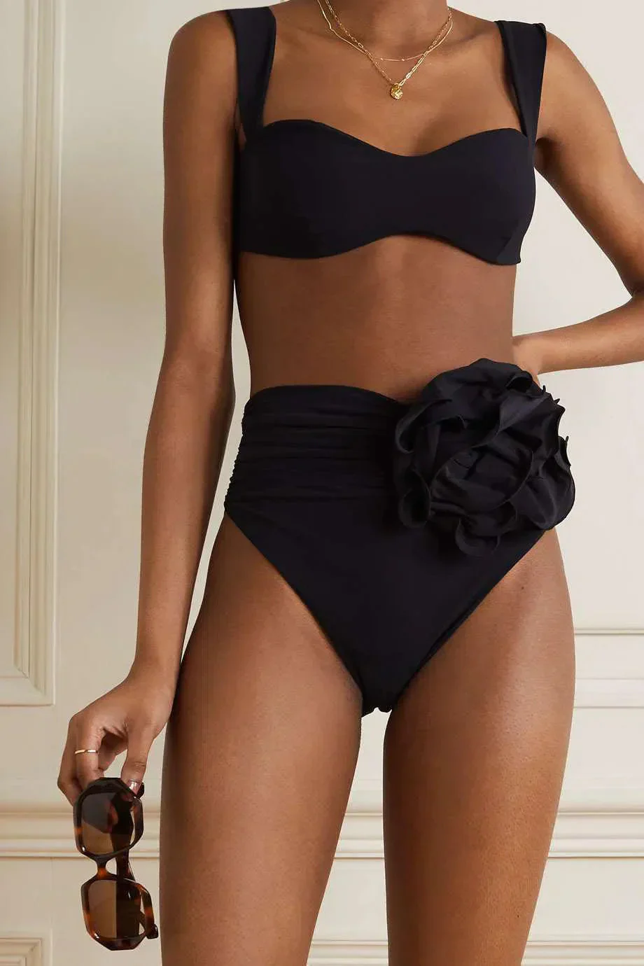 Bikini Set with Floral Embellishment, High Waisted Swimsuit, Ruched High Waist Bikini Bottom for Women - Image 6