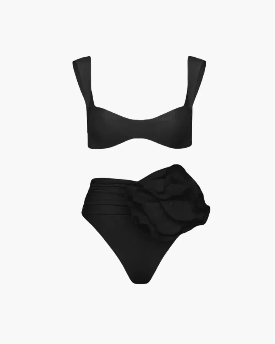 Bikini Set with Floral Embellishment, High Waisted Swimsuit, Ruched High Waist Bikini Bottom for Women - Image 8