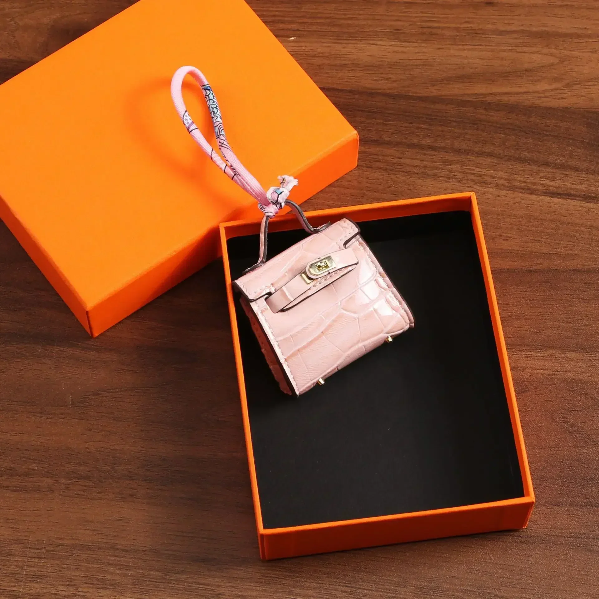 1+1 Free Birkin Inspired Mini Hand Bag - Crocodile Pattern Mini Bag Charm Keychain - Image 11
