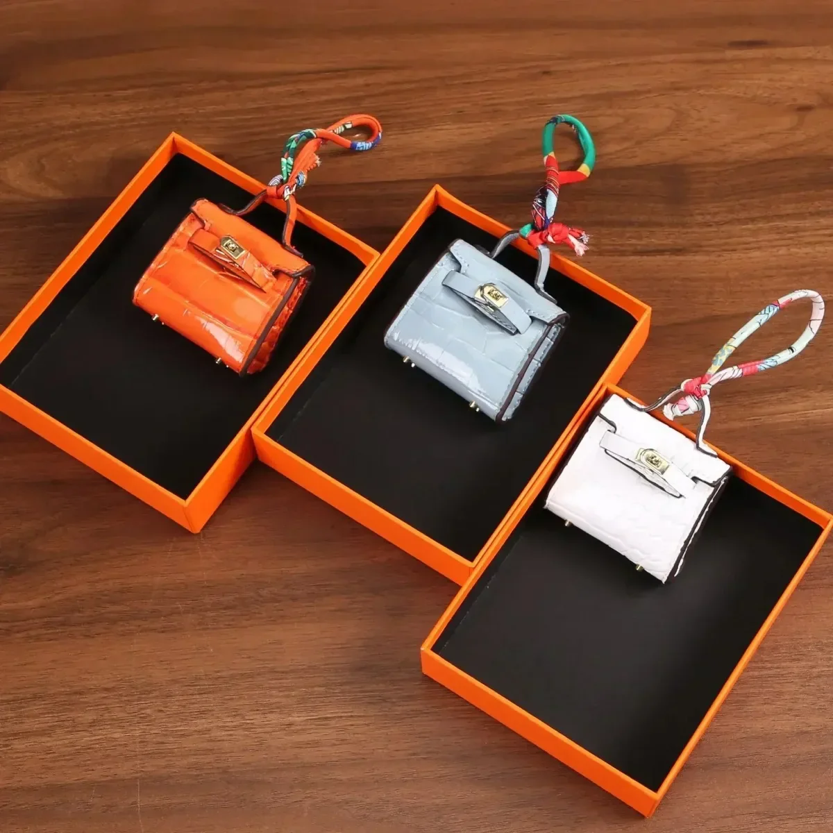 1+1 Free Birkin Inspired Mini Hand Bag - Crocodile Pattern Mini Bag Charm Keychain - Image 2