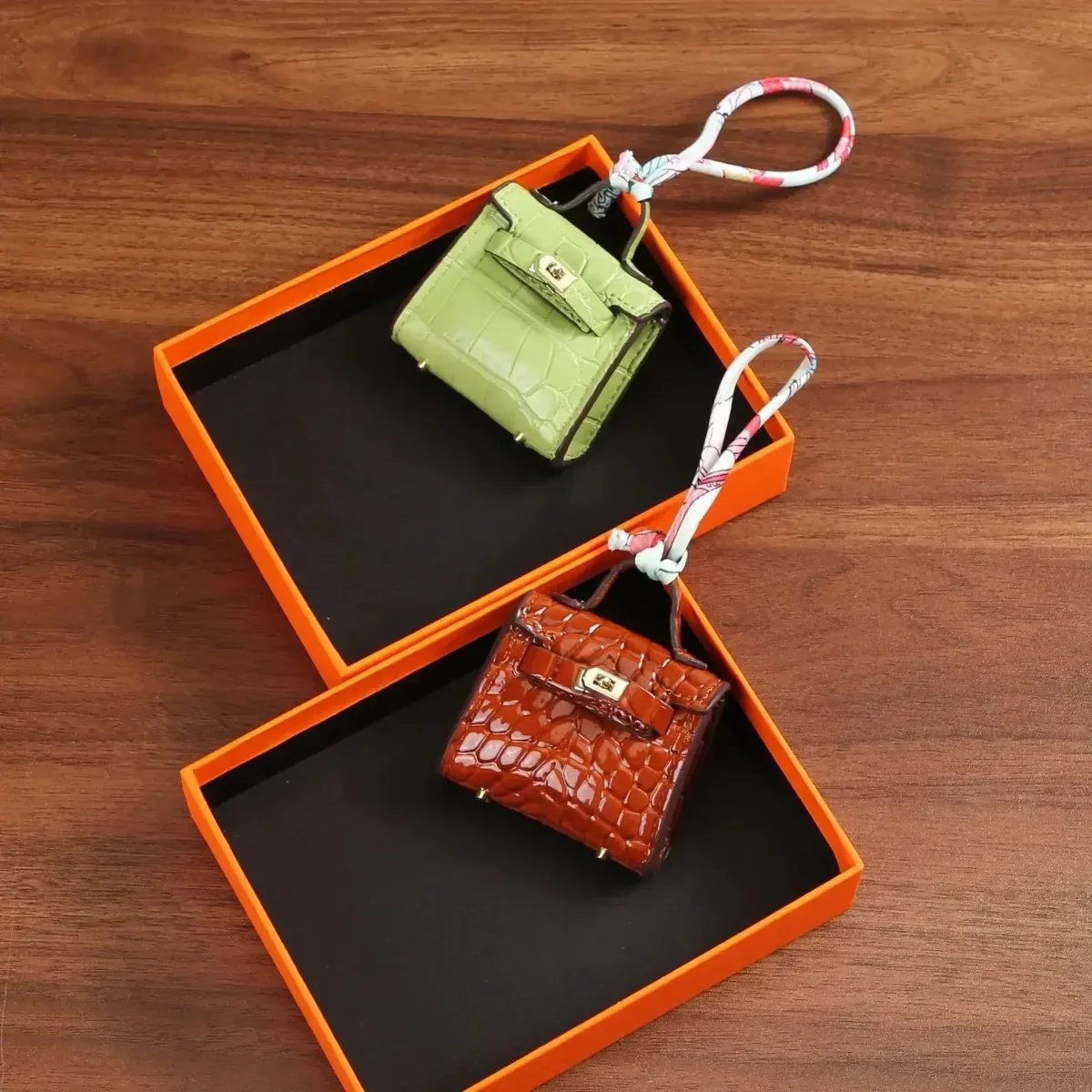 1+1 Free Birkin Inspired Mini Hand Bag - Crocodile Pattern Mini Bag Charm Keychain - Image 3