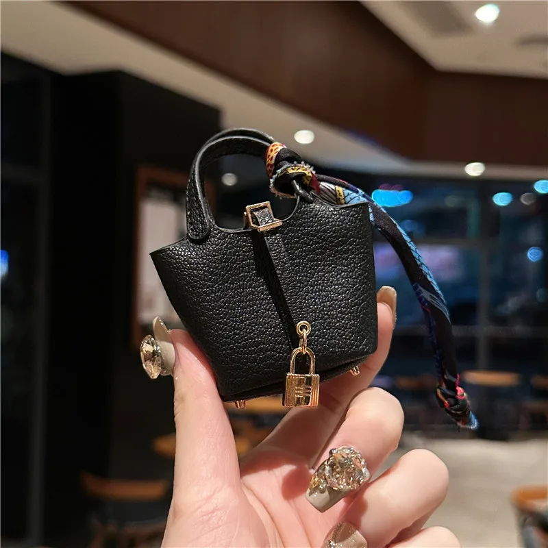 1+1 Free Birkin Inspired Mini Hand Bag - Leather Basket Bag Charm Keychain & Earphone Case - Image 6
