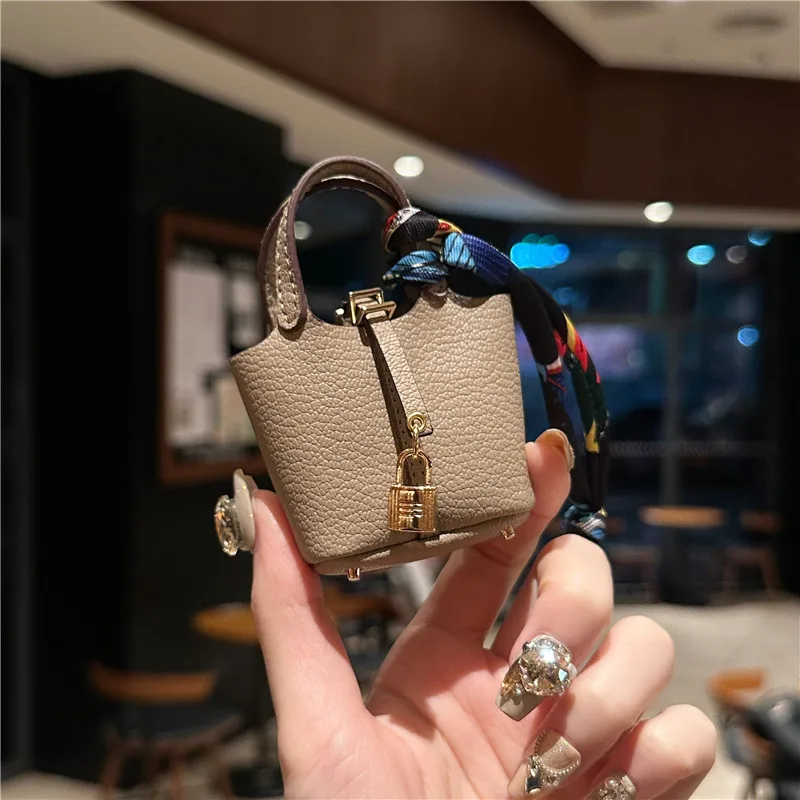 1+1 Free Birkin Inspired Mini Hand Bag - Leather Basket Bag Charm Keychain & Earphone Case - Image 8