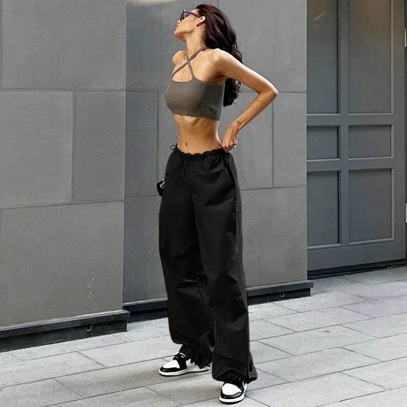 Black Parachute Pants with Adjustable Waist, Multiple Pockets, Lightweight Fabric for Casual and Urban Style - Image 5