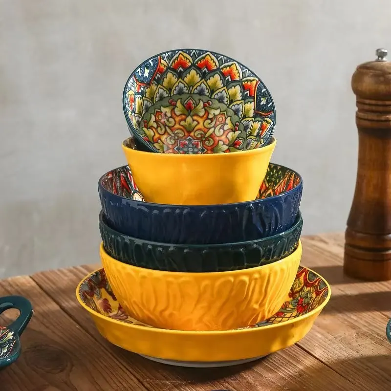 Bohemian Ceramic Bowls Set Floral Serving Bowls Versatile - Image 12